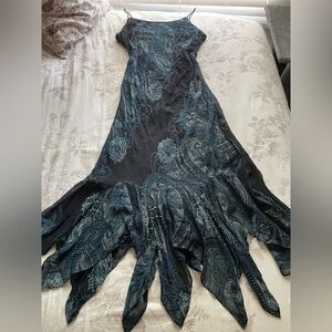 Eva Blue Black Floral Beaded Asymmetric Midi Dress 12 Whimsigoth Fairycore Y2K